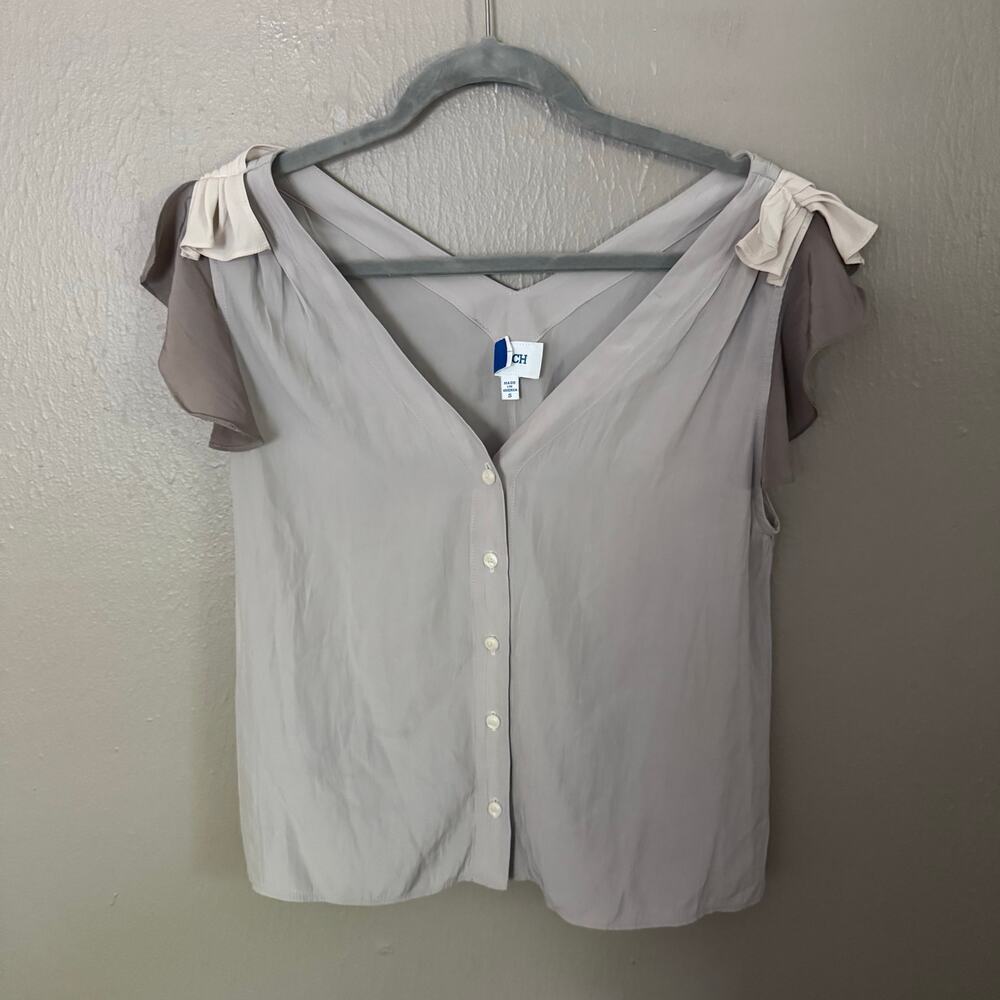 KOCH Grey Ruffle Detaill Button Front Blouse Size Small casual comfort workwear